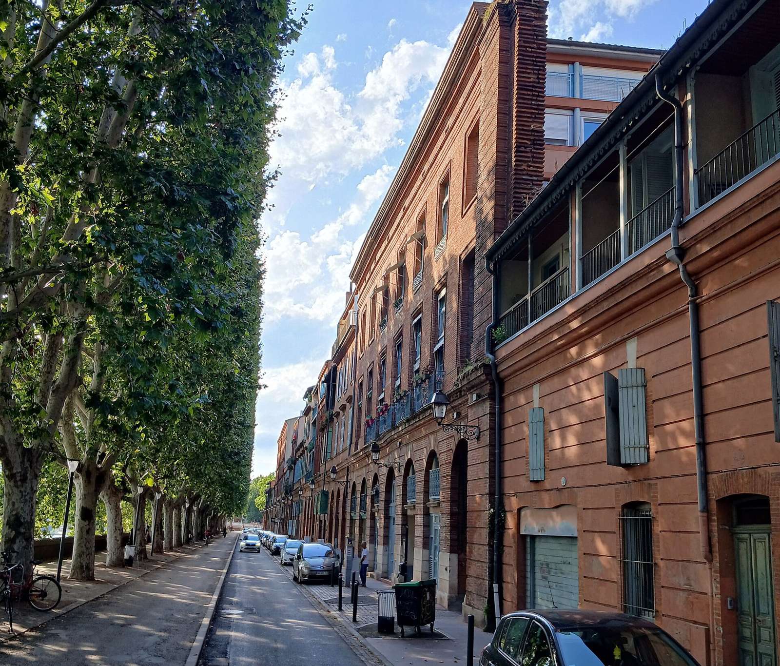 Façades de brique rose et platanes le long d'une rue au bord de la Garonne, à Toulouse, sous un ciel bleu